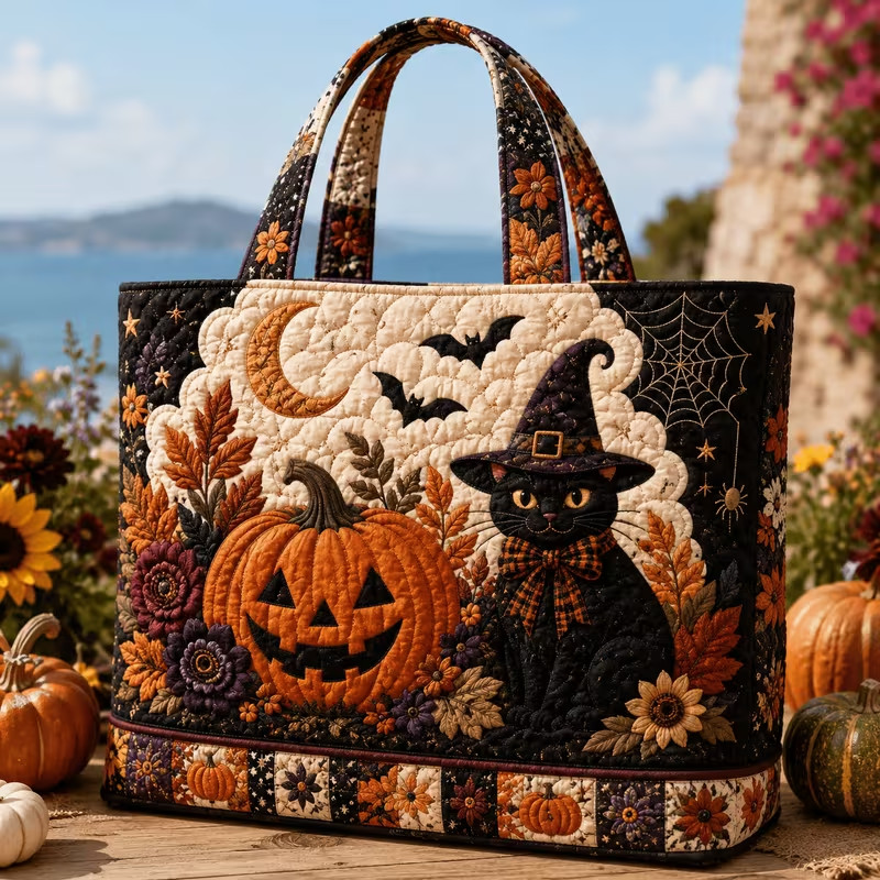 Women\'s Vintage Quilted Tote Bag with Black Cat Pumpkin Moon Floral Patchwork