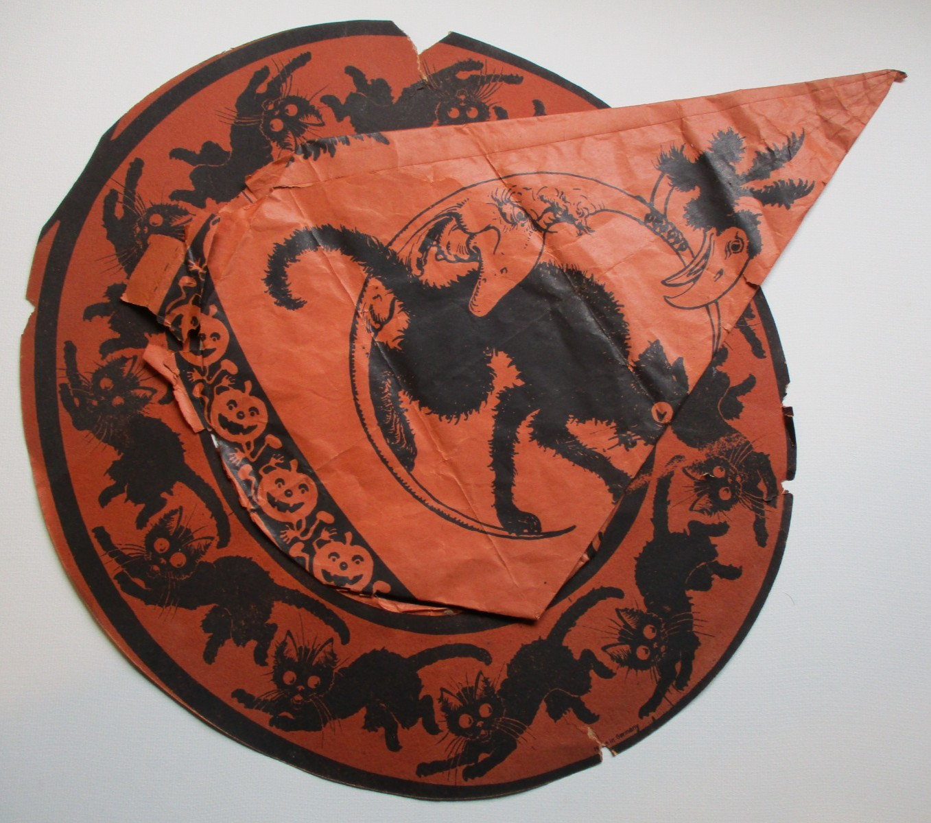 Antique Vintage Halloween Paper Party Hat Germany 2 SIDED Ugly Witch & Cat #2