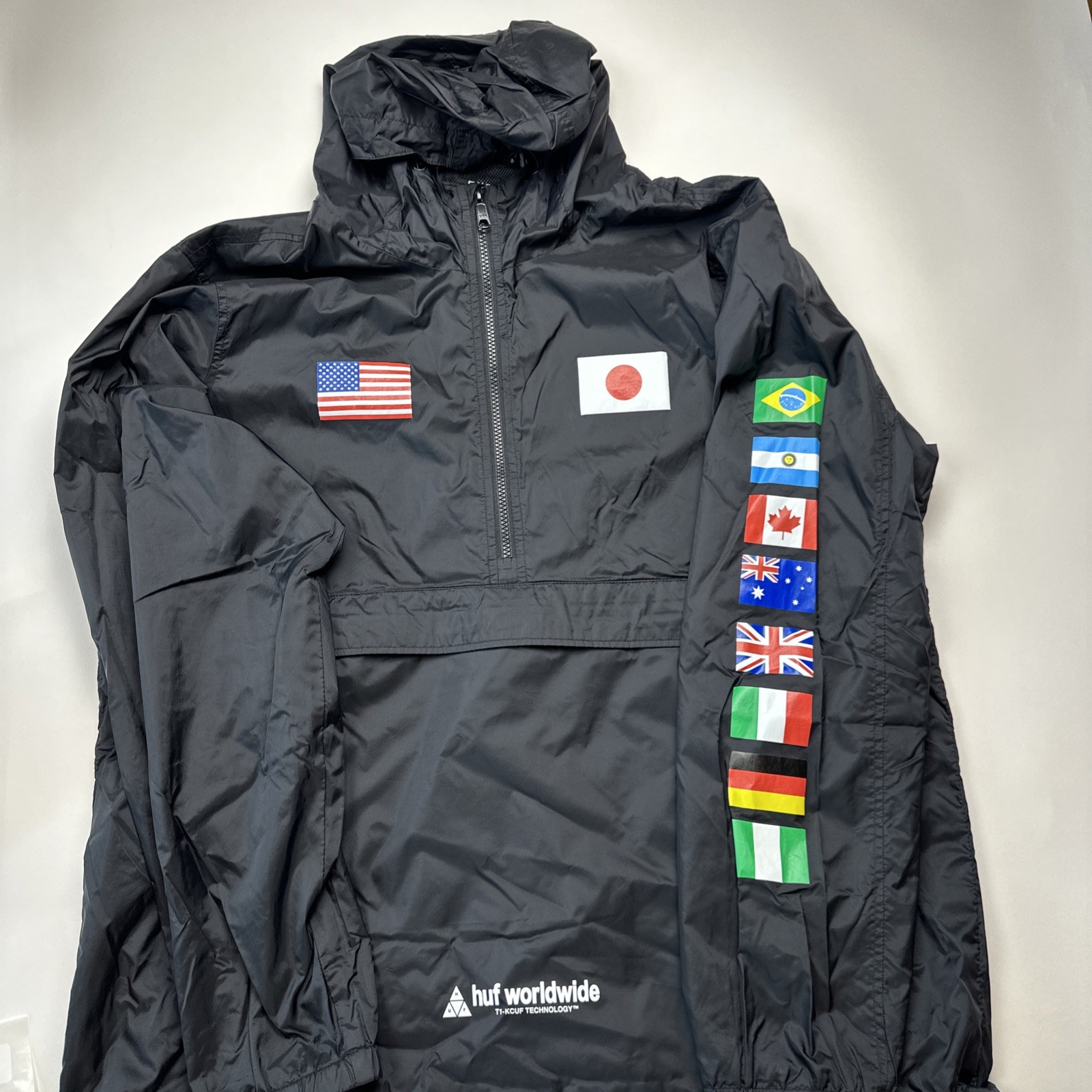 HUF Men\'s XL Black Hooded 1/4 Zip World Cup Flags Anorak Windbreaker