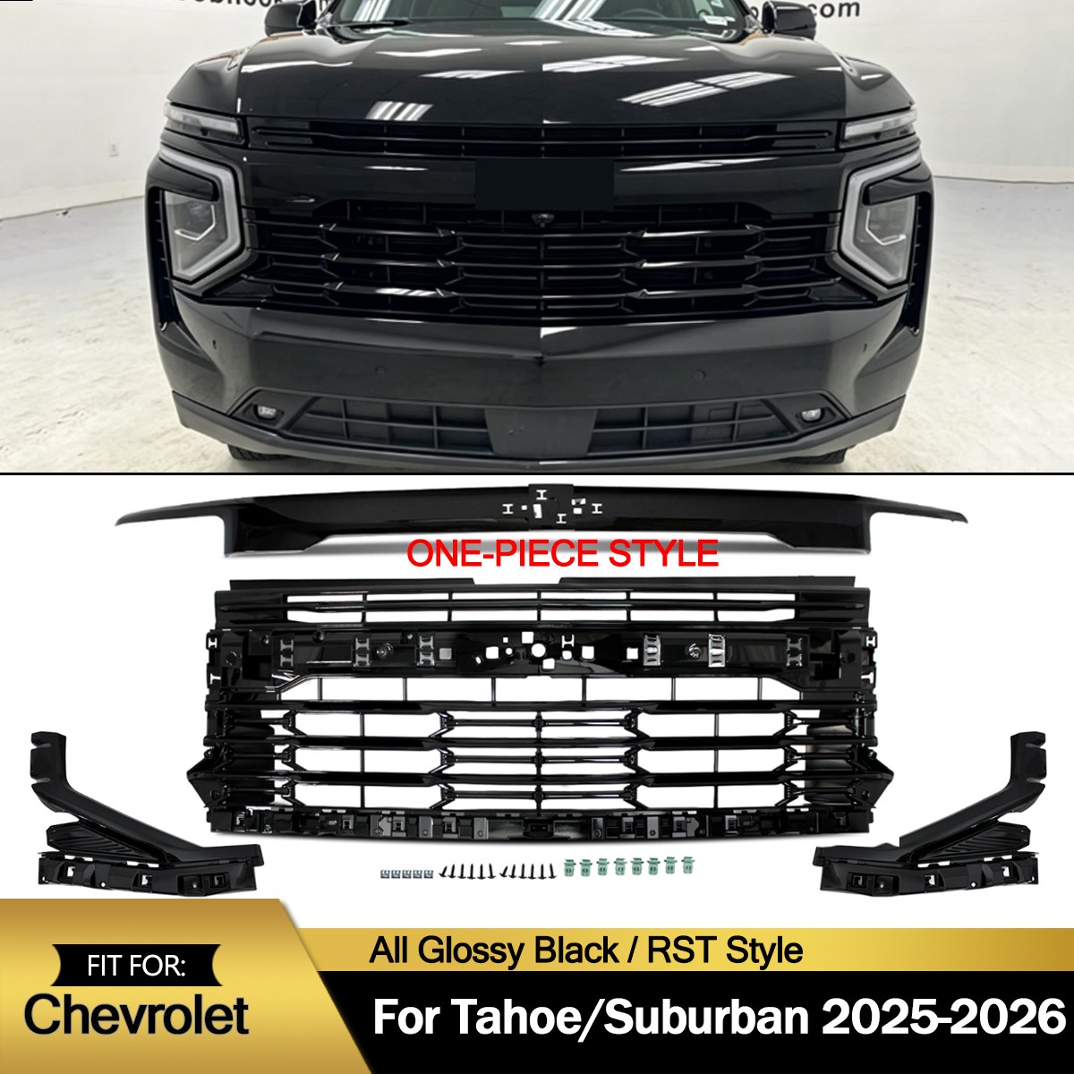 Glossy Black Front Grille & Molding Trim For 2025-2026 Tahoe/Suburban RST Style