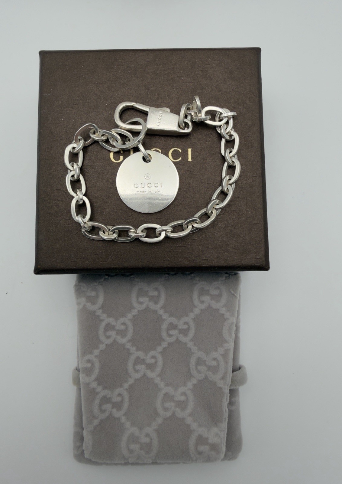 Gucci Trademark Logo 925 Silver Round Tag Bracelet Chunky Chain Full Set 7.5 Gucci Trademark Logo 925 Silver Round Tag Bracelet Chunky Chain Full Set 7.5