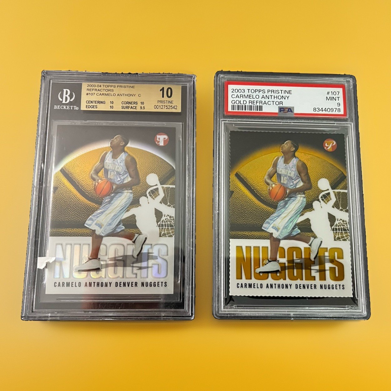 2003-04 Topps Pristine Carmelo Anthony Refractor & Gold Refractor BGS 10 PSA 9
