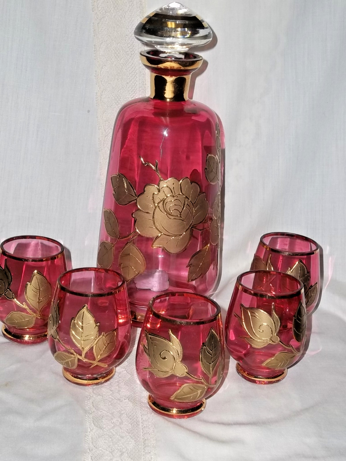 6PC MOSER   BOHEMIAN CRANBERRY  DECANTER SET 22 KT GOLD ENCRUSTED W/ FLOWERS