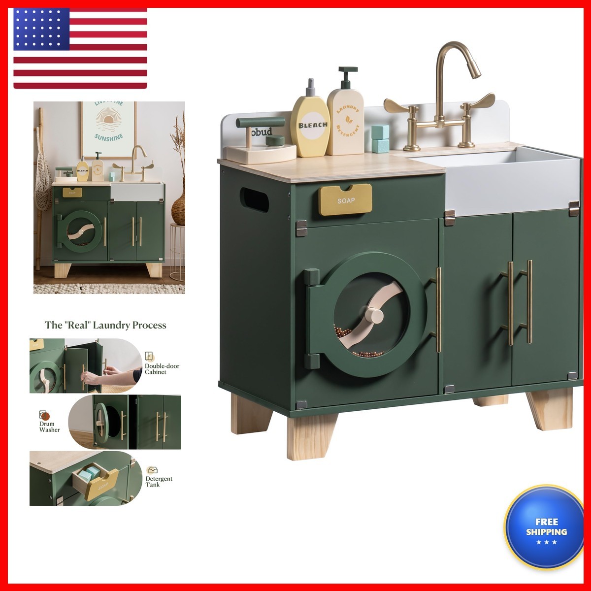 ROBUD Kids Play Kitchen Wooden Washing Machine Playset Ages 3-8