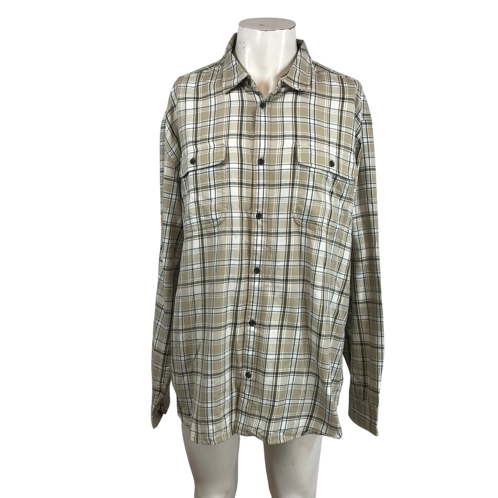 prAna Edgewater Shirt Mens XXL Chalk Tan Plaid Long Sleeve Button Up 1964351