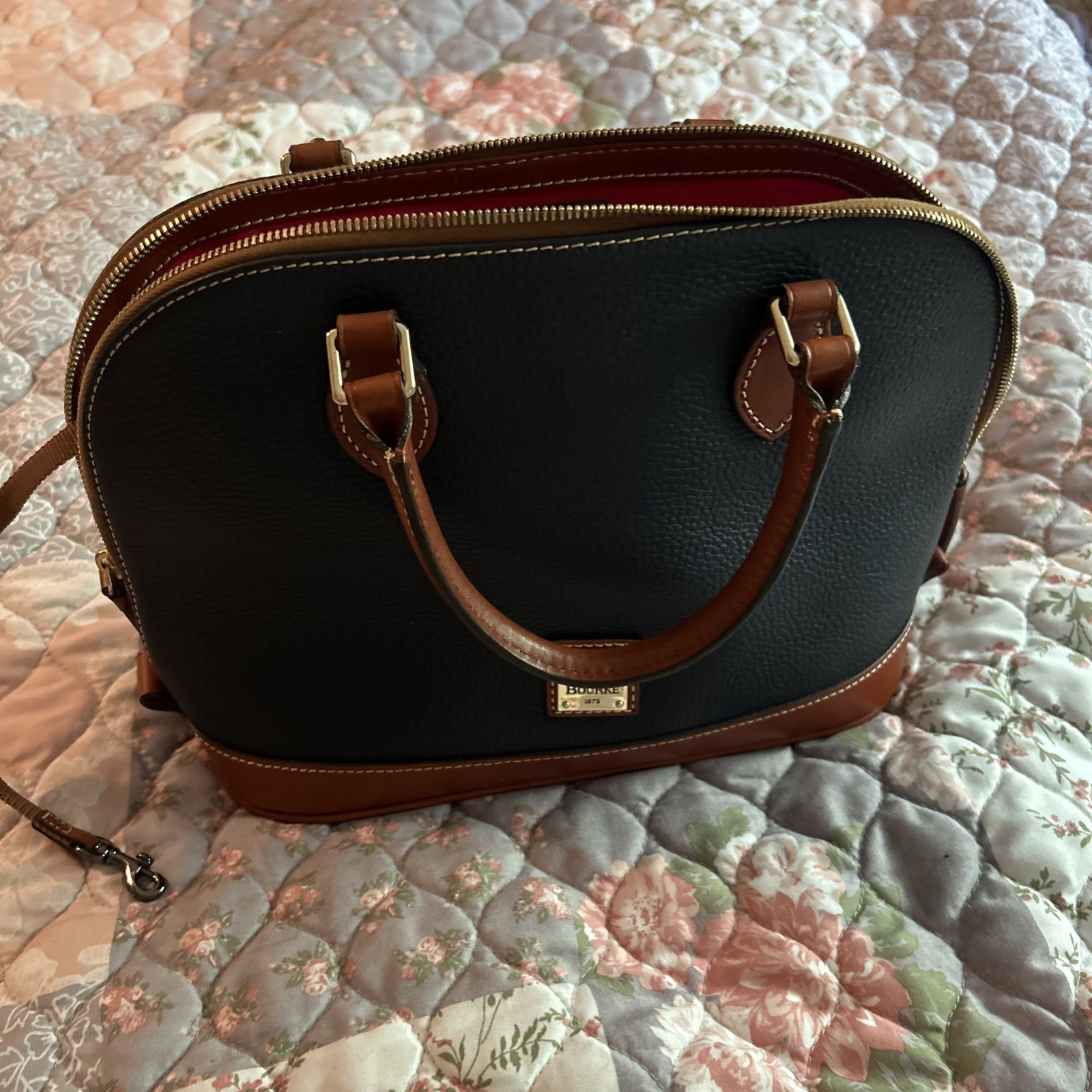 Dooney & Bourke Pebbled Satchel Navy/Brown Zip Detachable Strap Red Interior