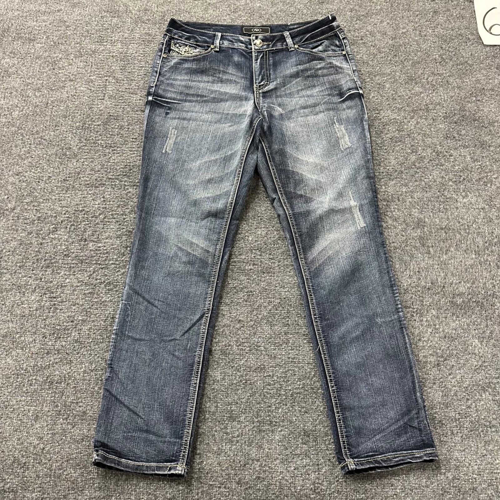 Cato Jeans Womens Size 10 Blue Straight Leg Embellished Distressed Dark Wash