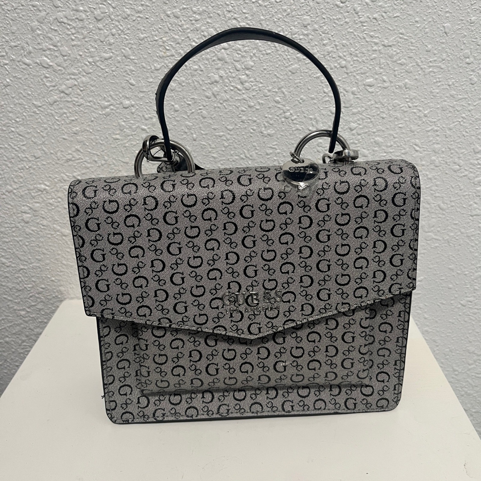 GUESS Baez Crossbody Handbag Black Grey Monogram Flap Top Handle Purse NWT Flaw