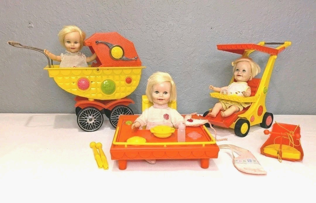 1960s Suzy Cute Dolls Lot of 3 with Stroller, Buggy, Highchair and Swing