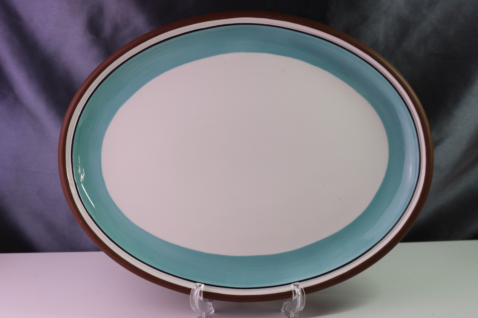 Dansk STACKING STRIPE Teal Turquoise Blue Brown Oval Serving Platter