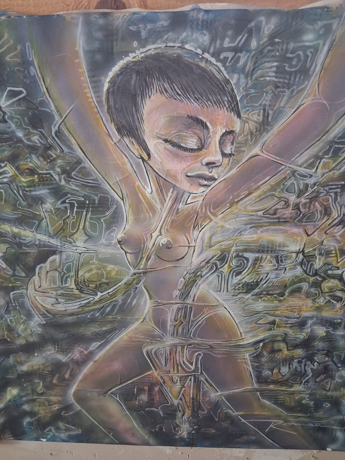 Original Visionary Masterpiece by Roman Villagrana SynchroM Protege of Alex Grey