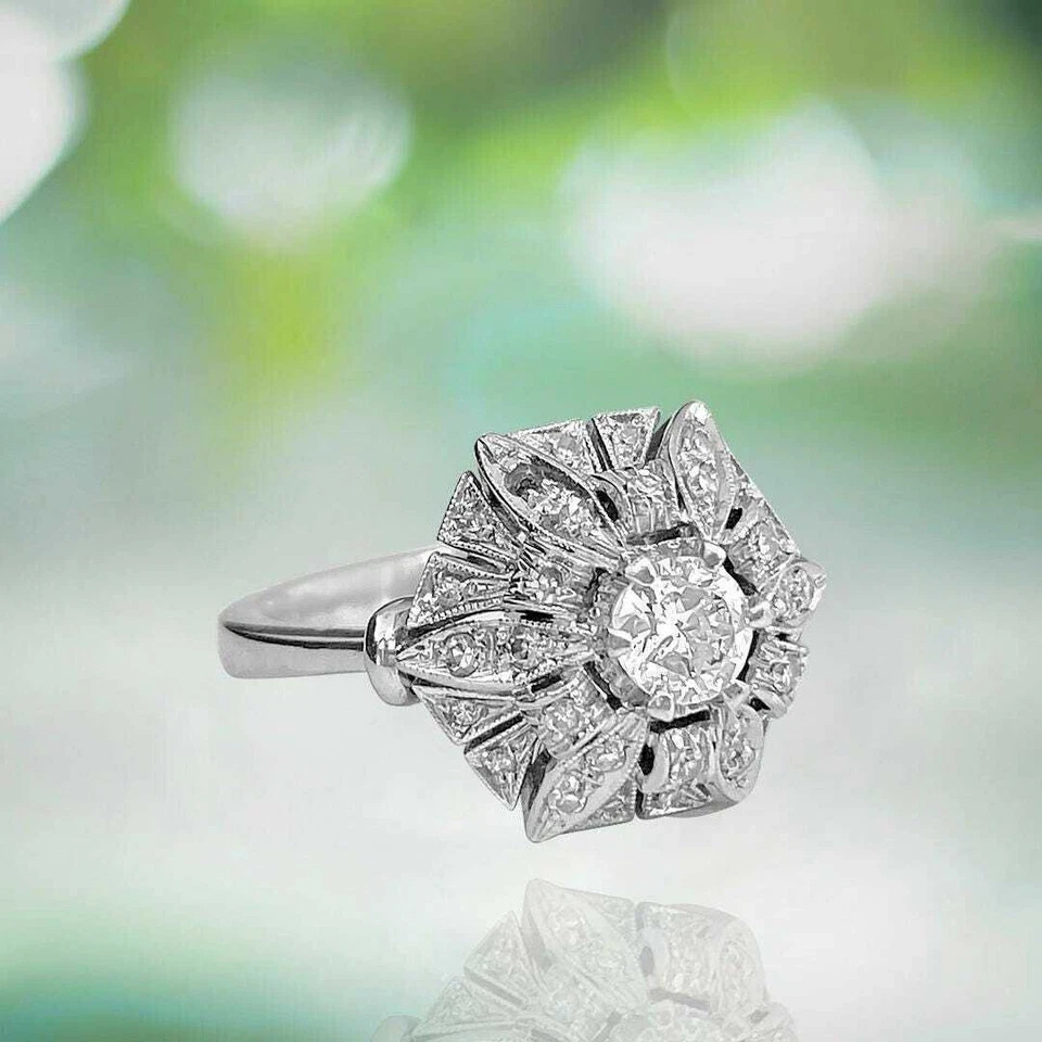 Floral Shape 4 CT Round Cut White CZ Halo Engagement & Wedding Ring 925 Silver.
