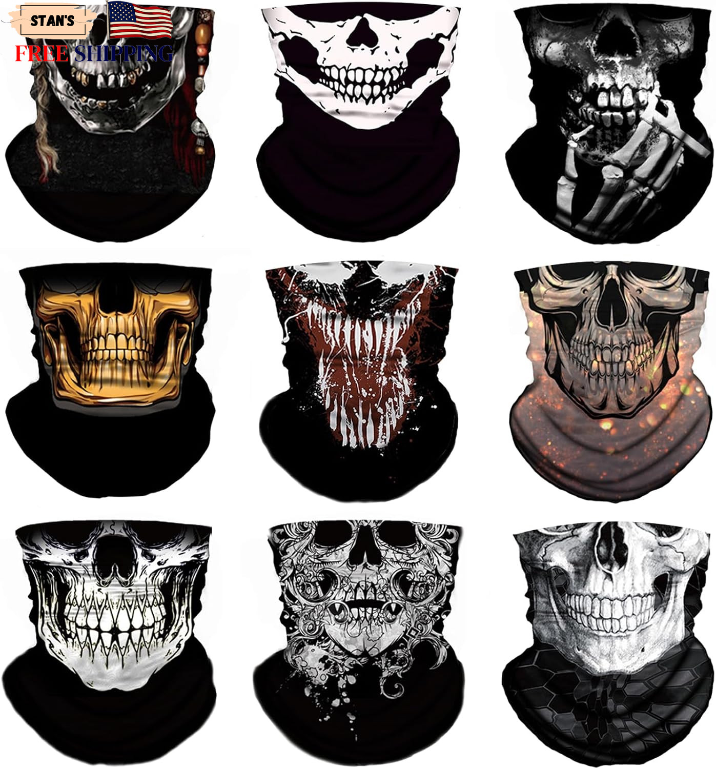 9 Pack Neck Gaiter Skull Motorcycle Face Mask for Men Women Face Cover Mask Head