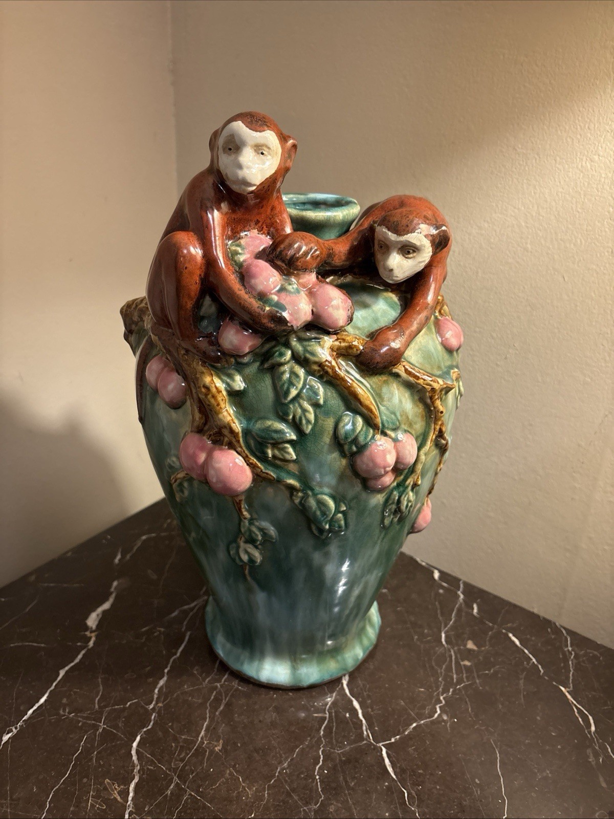 Antique Majolica Ceramic Green/Pink  Vase Monkeys Eating Fruit 16”