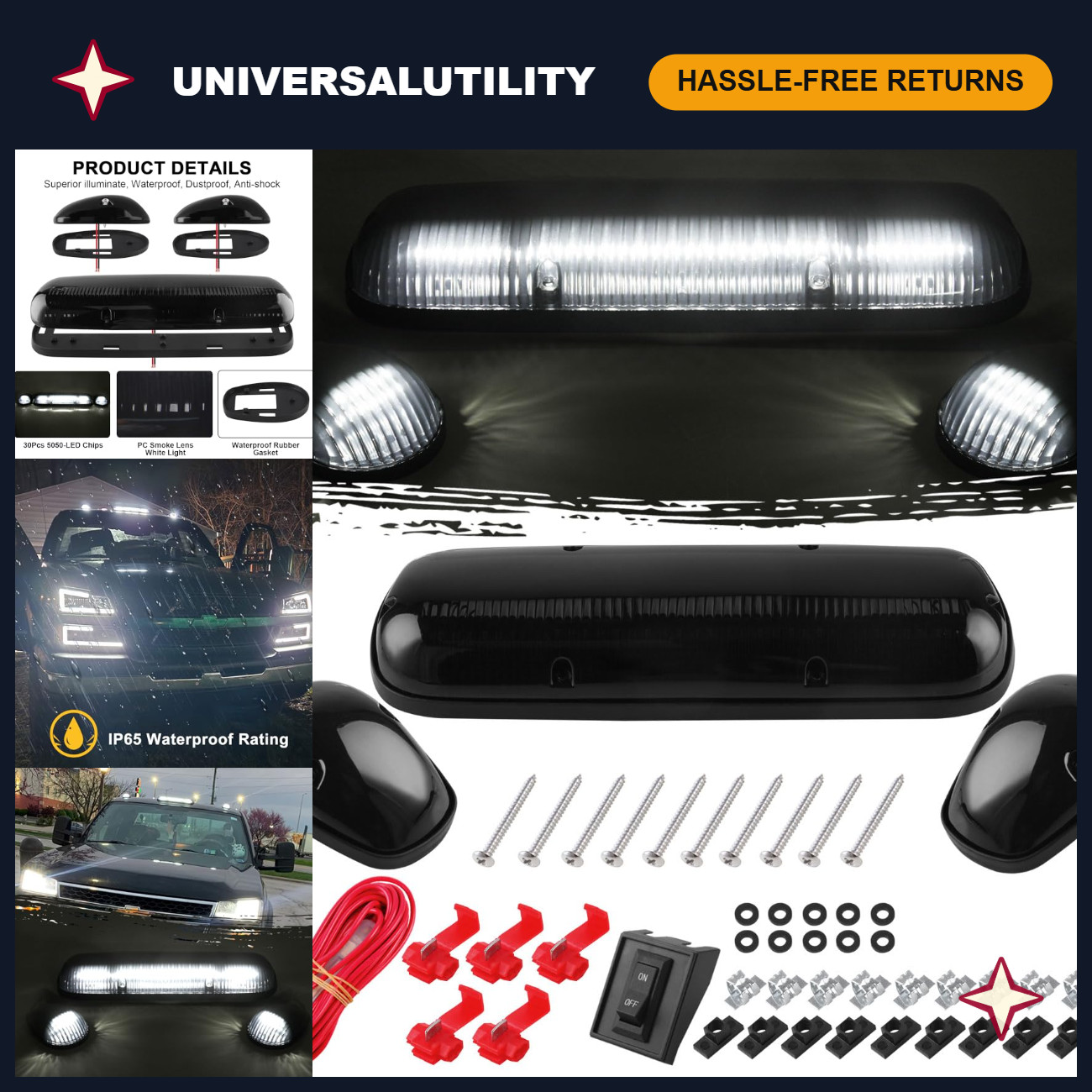 3Pcs Smoked White Cab Marker Lights Kit - Roof Running Clearance Lamps Set 3Pcs Smoked White Cab Marker Lights Kit - Roof Running Clearance Lamps Set
