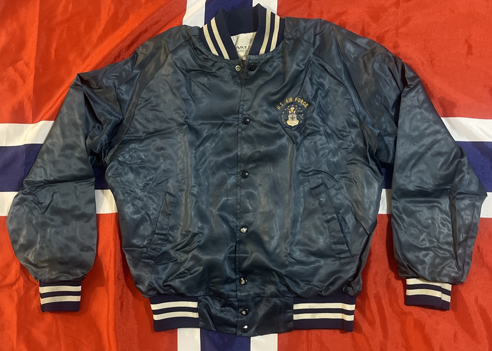 VTG Artex Jostens U.S. Air Force M Blue Satin Button Down Jacket Pockets USA 80s VTG Artex Jostens U.S. Air Force M Blue Satin Button Down Jacket Pockets USA 80s