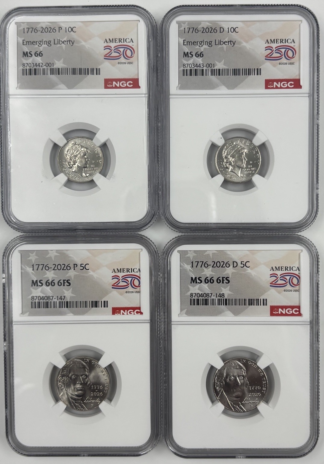 1776 2026 P D JEFFERSON NICKEL & EMERGING LIBERTY DIME 10C NGC MS66⭐4 COINS⭐ 1776 2026 P D JEFFERSON NICKEL & EMERGING LIBERTY DIME 10C NGC MS66⭐4 COINS⭐
