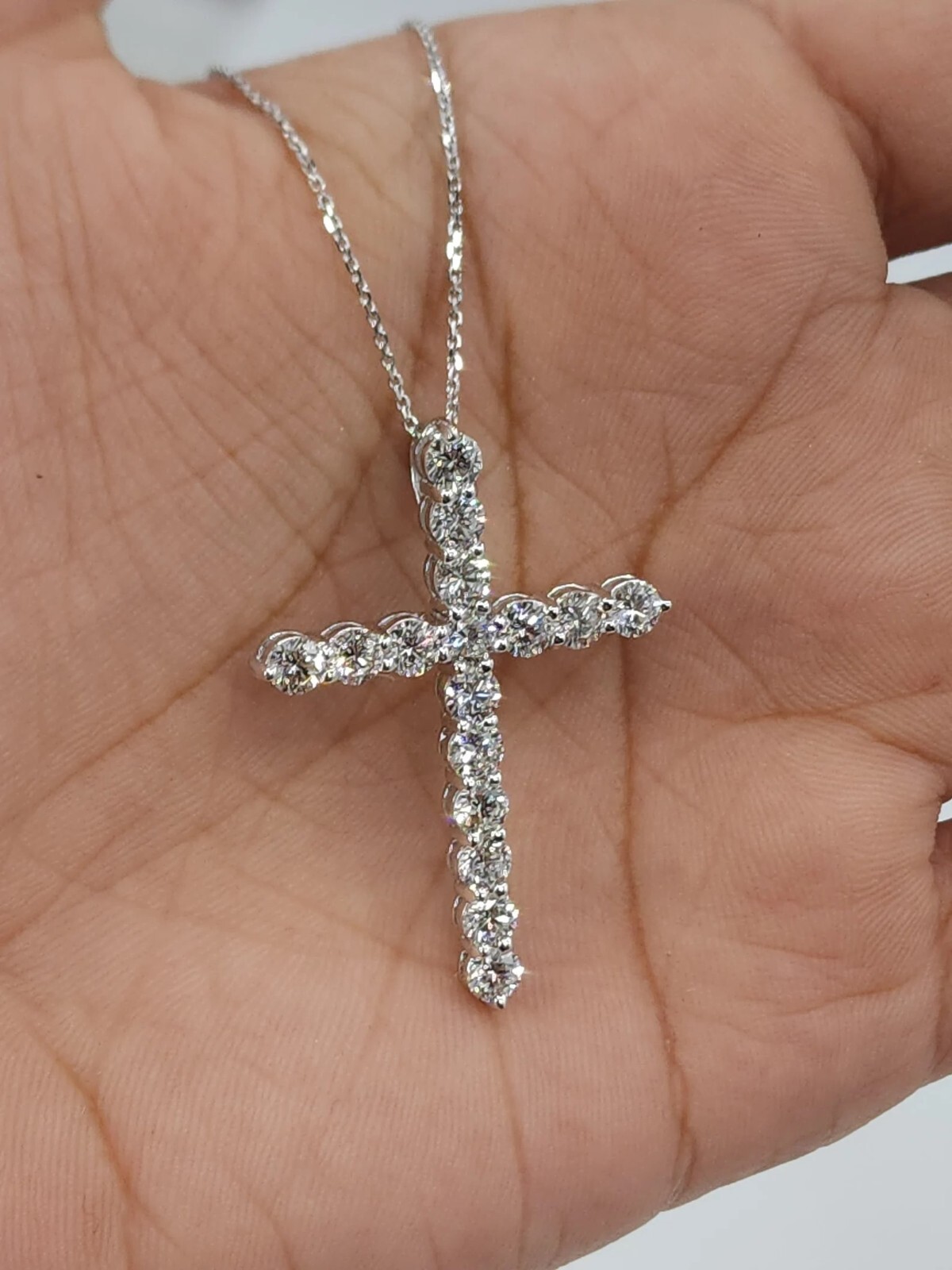 Certified 4 Ct Diamond Cross Pendant 14K White Gold Ovar Excellent Round Cut