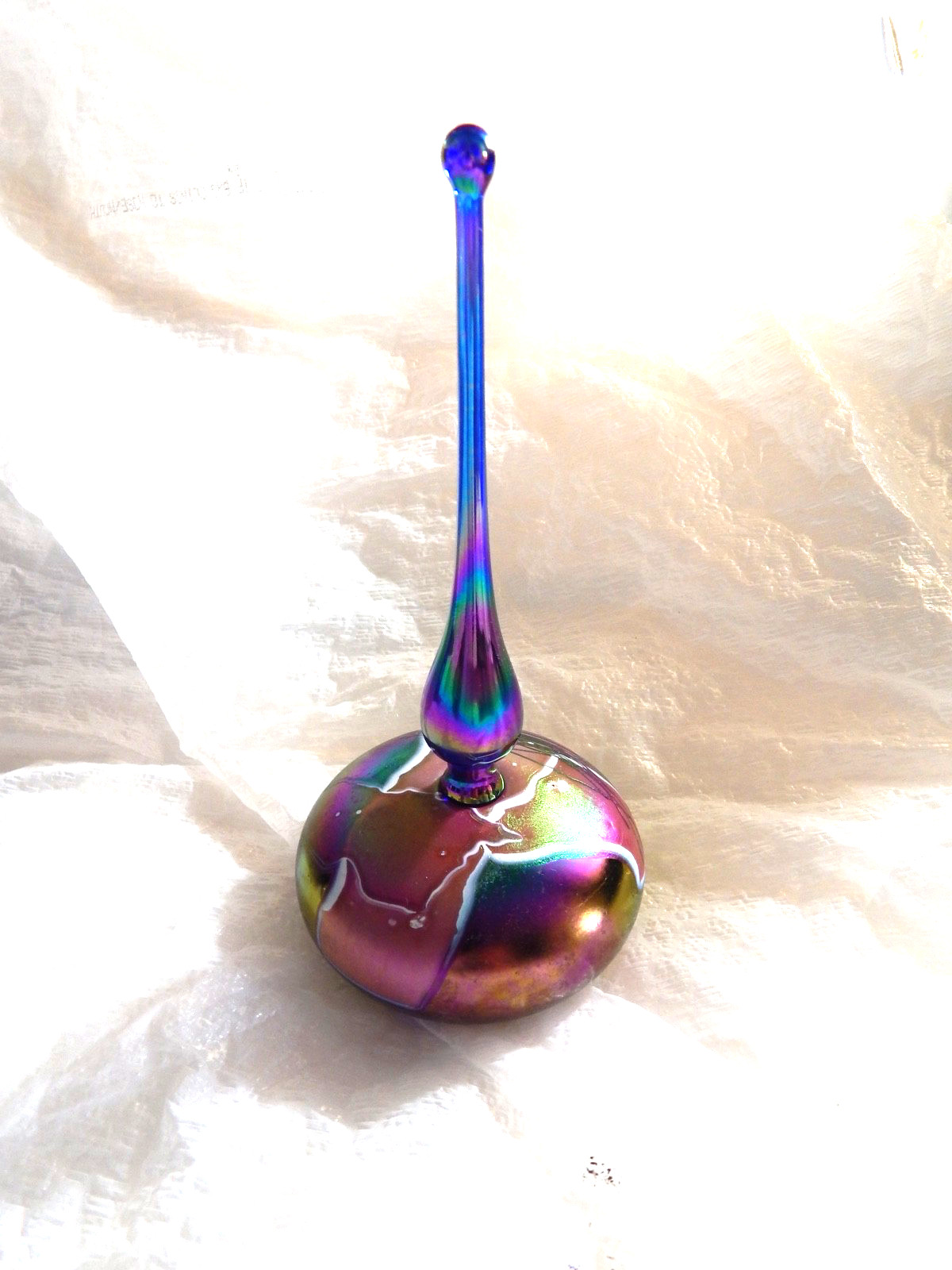 Iridescent Vintage American Hand Blown art glass Signed perfume bottle w stopper
