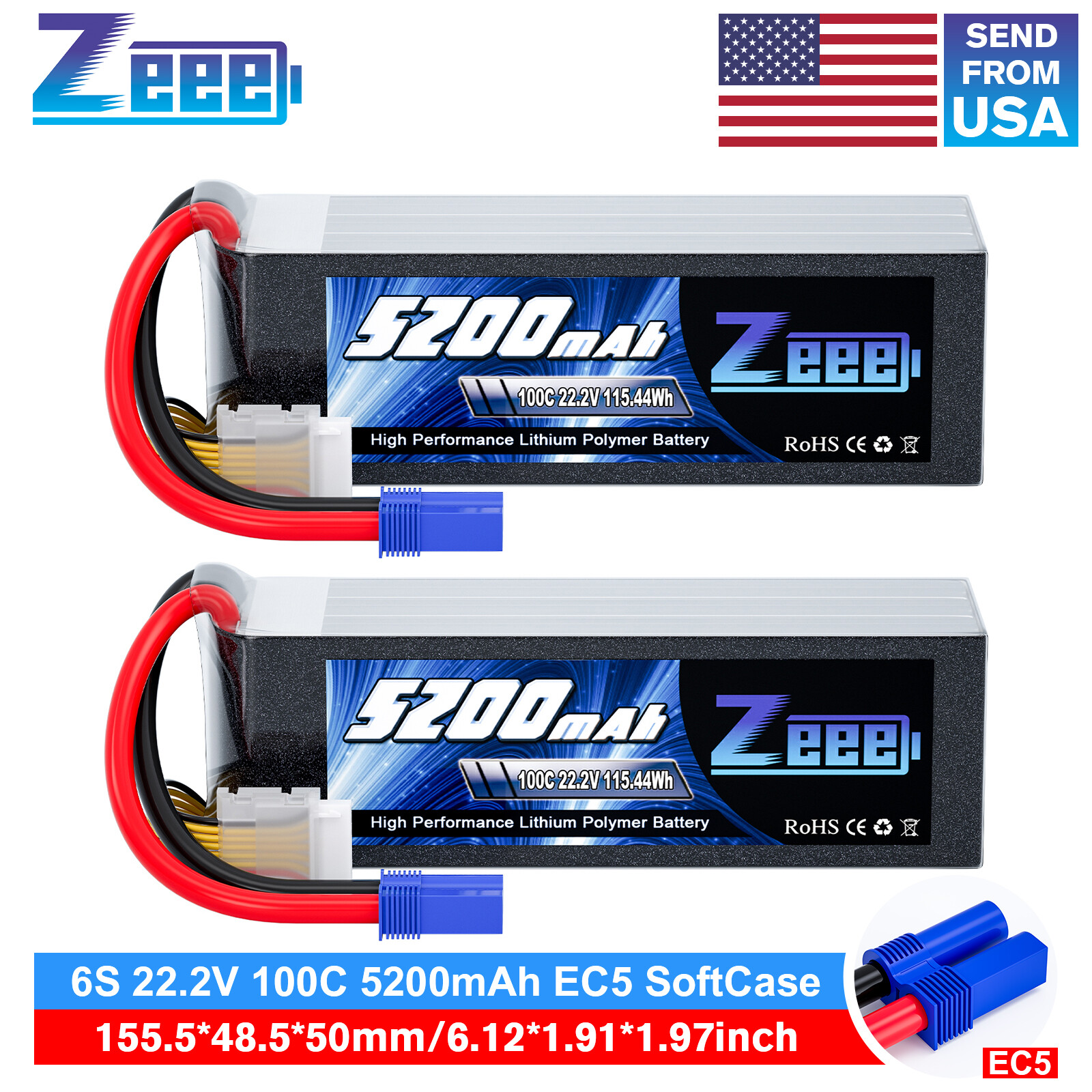 2xZeee 6S 5200mAh Lipo Battery 22.2V 100C EC5 for RC Car Heli Plane Jet Quad FPV 2xZeee 6S 5200mAh Lipo Battery 22.2V 100C EC5 for RC Car Heli Plane Jet Quad FPV