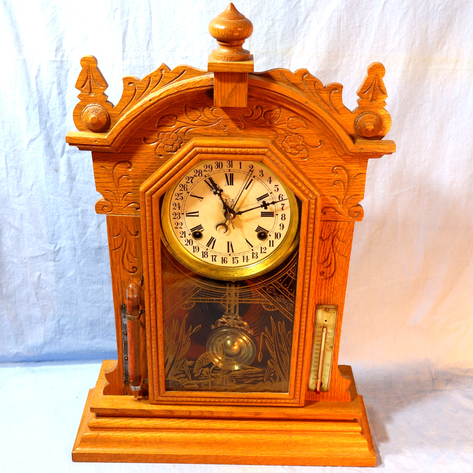Antique Waterbury Calendar Shelf Clock With Temp & Humidity Antique Waterbury Calendar Shelf Clock With Temp & Humidity