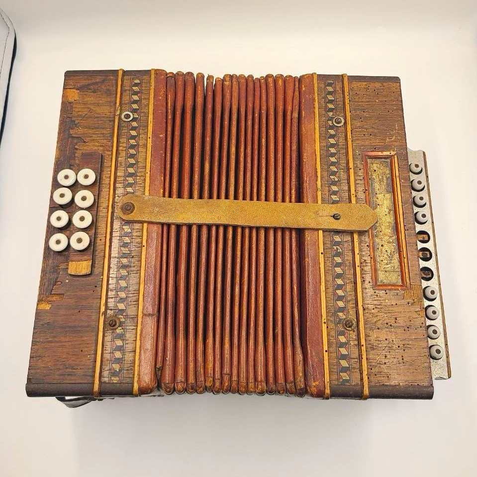 Antique German Diatonic Button Accordion - Wood Case, Steel Reeds