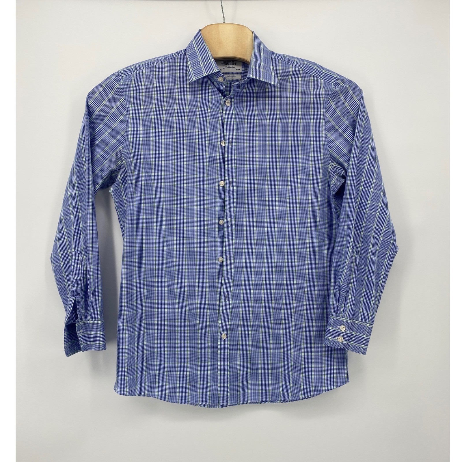 Charles Tyrwhitt Dress Shirt Mens 16.5/35 Blue Check Excellent Extra Slim Fit