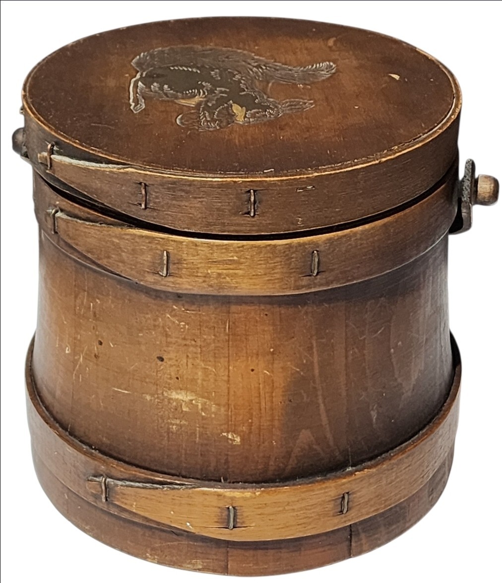 Wooden Firkin Sugar Bucket Squirrel Image Primitive With Lid Handle Antique 6 Wooden Firkin Sugar Bucket Squirrel Image Primitive With Lid Handle Antique 6