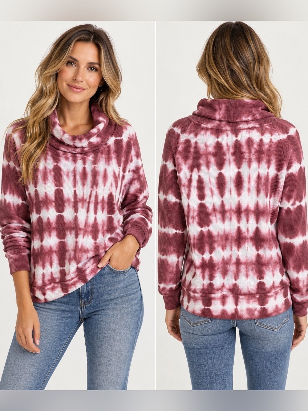 Pilcro by Anthropologie Tie Dye Cowl Neck Waffle Knit Thermal Sweater S