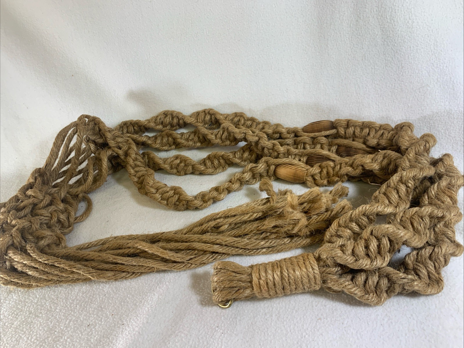 Vintage 1970’s Jute Wood Beads Macrame Plant Hanger 5’