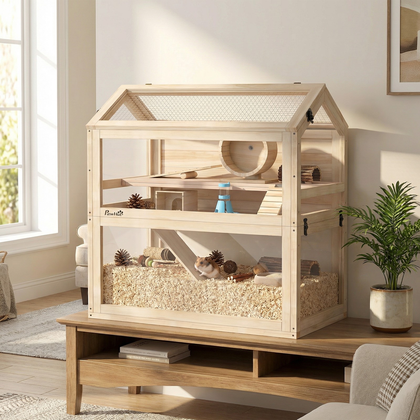 Wooden Hamster Cage, 3-Tier Small Animal Cage with Hut, Seesaw, Ramps, Wheel Wooden Hamster Cage, 3-Tier Small Animal Cage with Hut, Seesaw, Ramps, Wheel