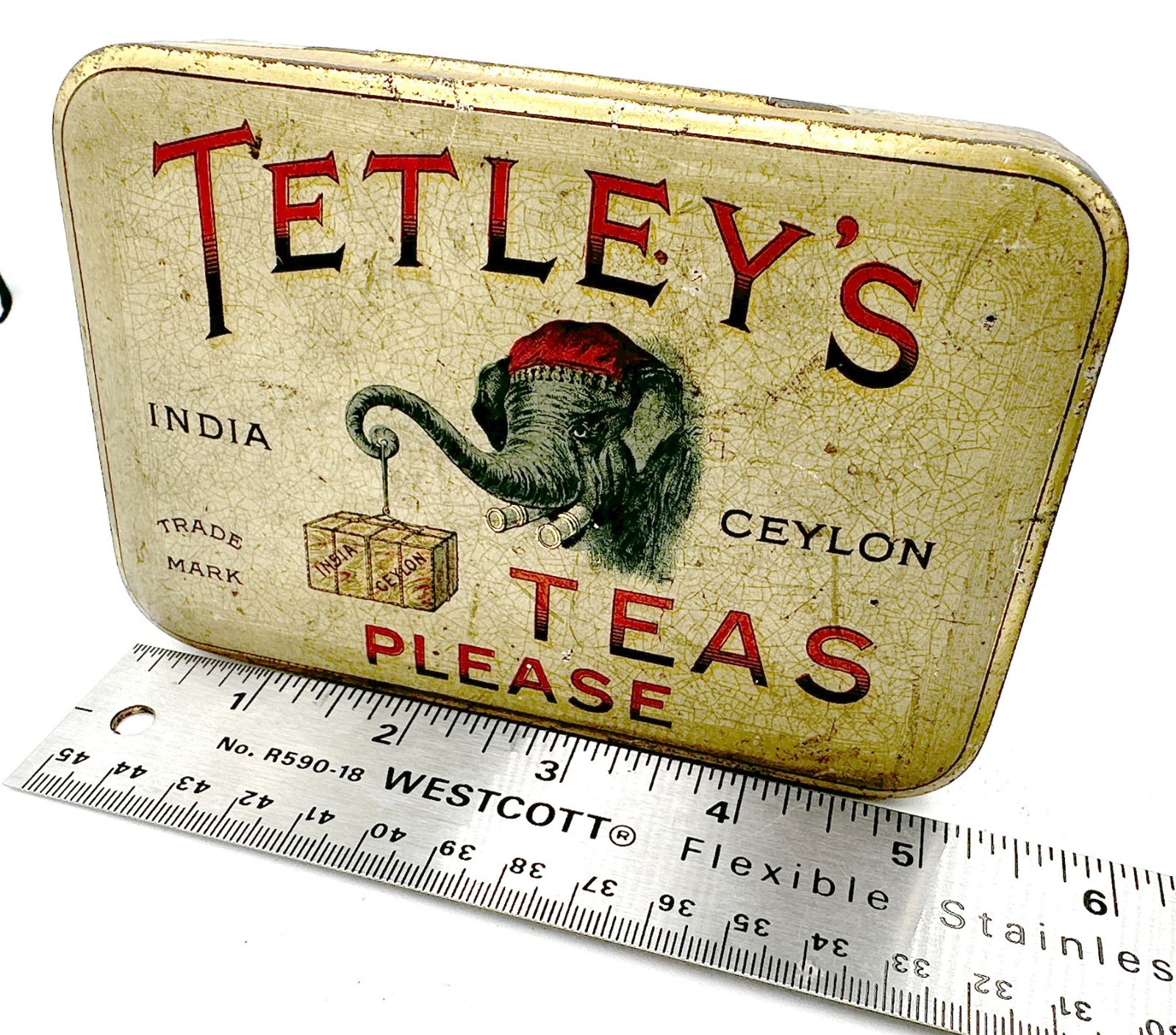 ANTIQUE  1880's-90's TETLEY'S TEAS PLEASE ADVERTISING TIN WITH ELEPHANT (RARE)