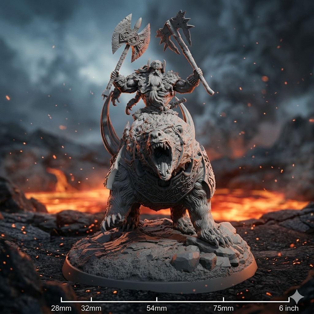 Viking Bear Rider War Bear Cavalry - TTRPG Wargaming 28 32 54 75 150mm Resin