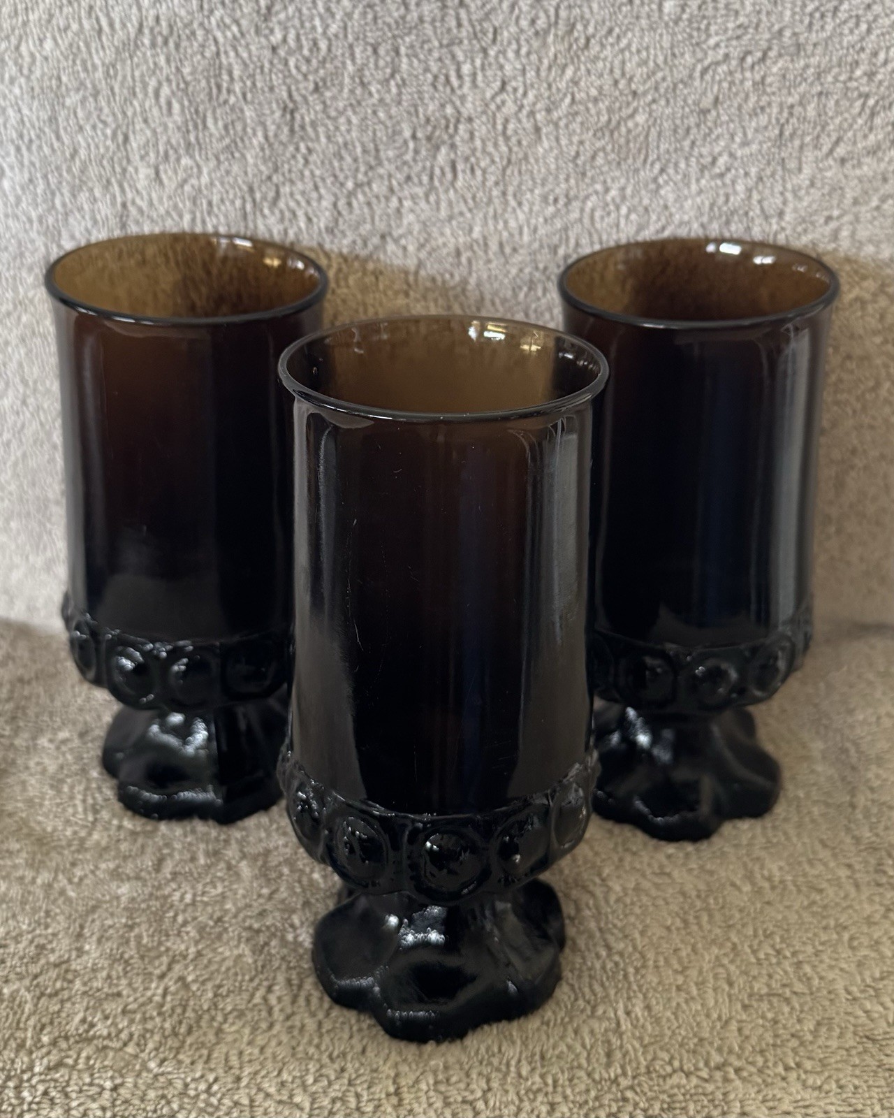 Three Vintage Tiffin Franciscan Madeira Smoke Brown Footed Goblets Three Vintage Tiffin Franciscan Madeira Smoke Brown Footed Goblets