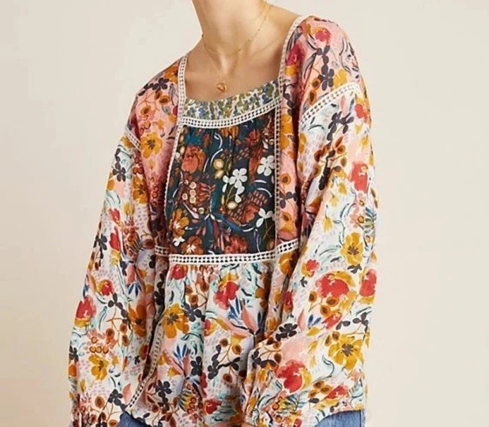 Anthropologie Maeve Nikki Peasant Blouse Floral Print Panel Top Size Large Anthropologie Maeve Nikki Peasant Blouse Floral Print Panel Top Size Large