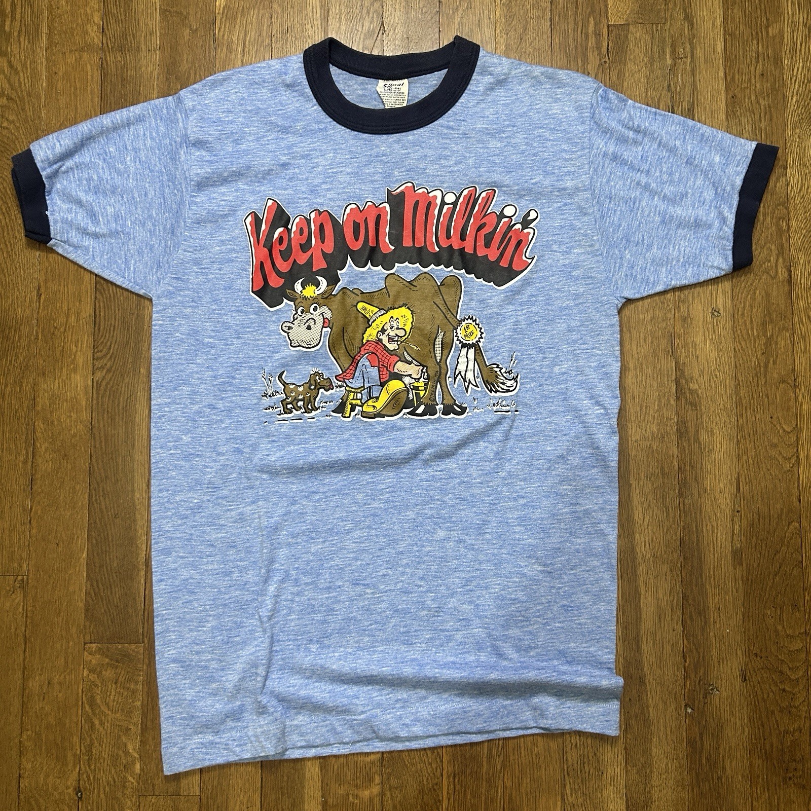 Vintage 1970s Keep On Milking True Vintage Ringer T Shirt Size Large Baby Blue Vintage 1970s Keep On Milking True Vintage Ringer T Shirt Size Large Baby Blue