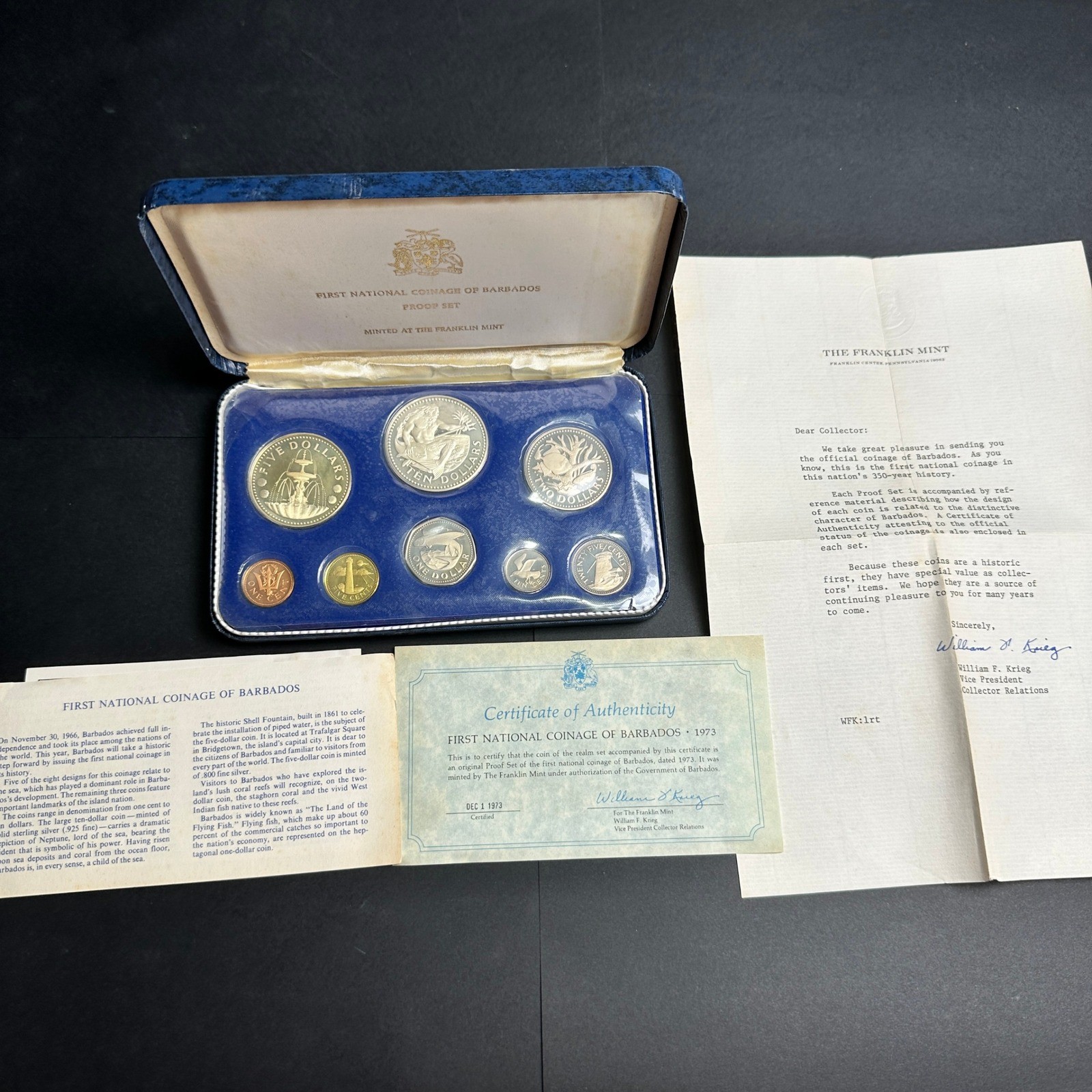 1973 Barbados First National Coinage Proof Set Franklin Mint Silver COA Case