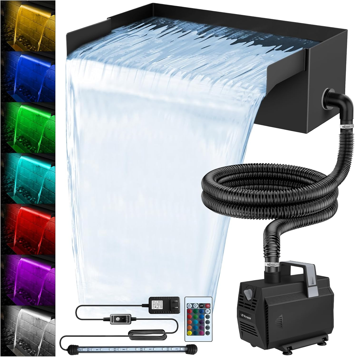 All-In-1 Pond Waterfall Kit with LED Lights, 8 Inch Stainless Steel Spillway wit