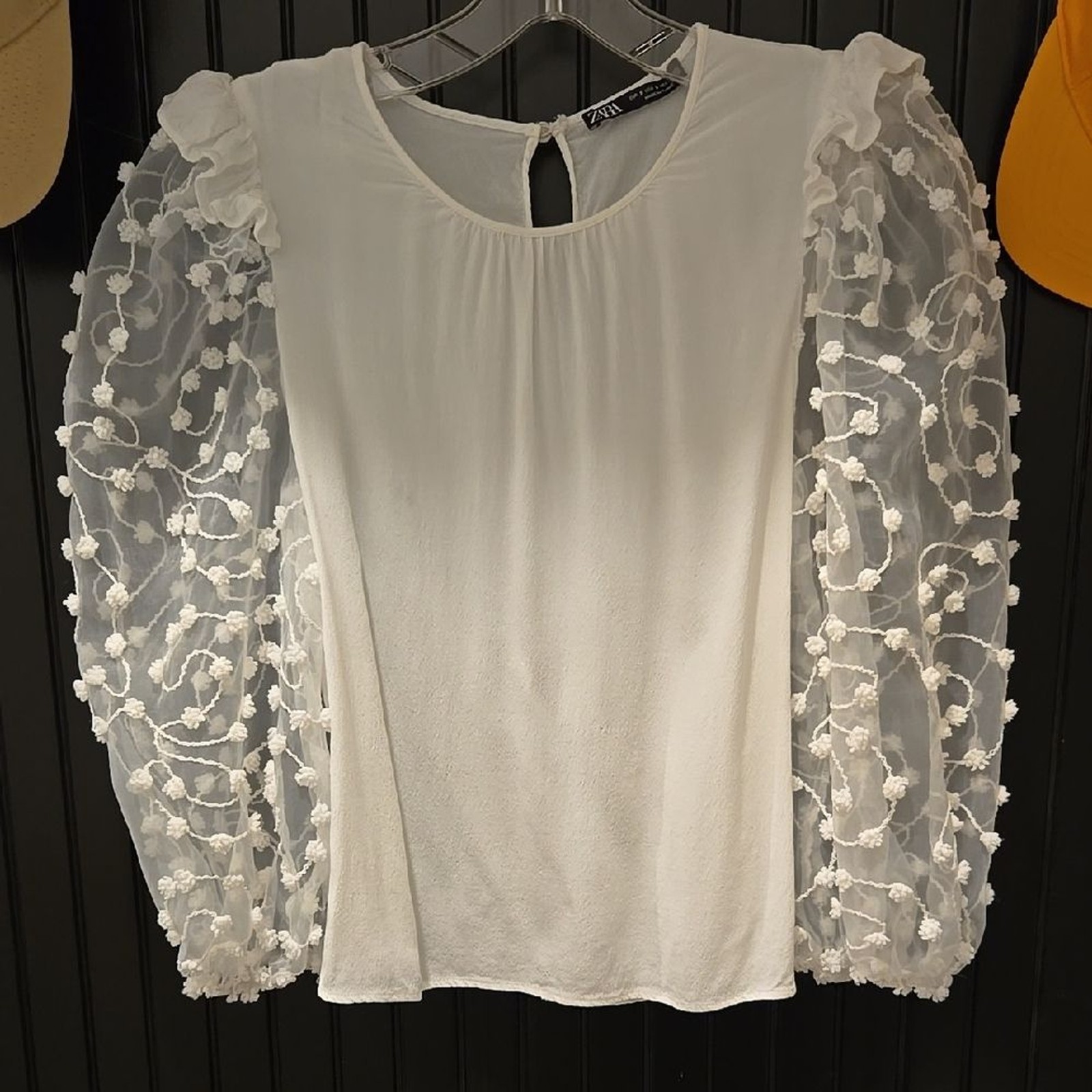 Zara White Blouse with Sheer Floral Sleeves
