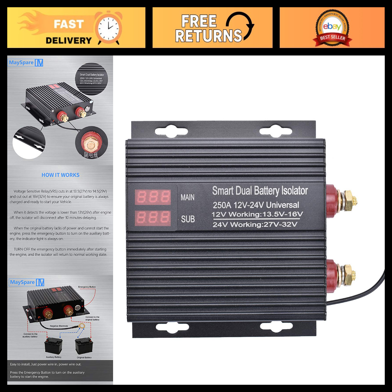 250A Dual Battery Isolator Relay - 12V/24V Smart Voltage Sensitive Switch for Ca 250A Dual Battery Isolator Relay - 12V/24V Smart Voltage Sensitive Switch for Ca