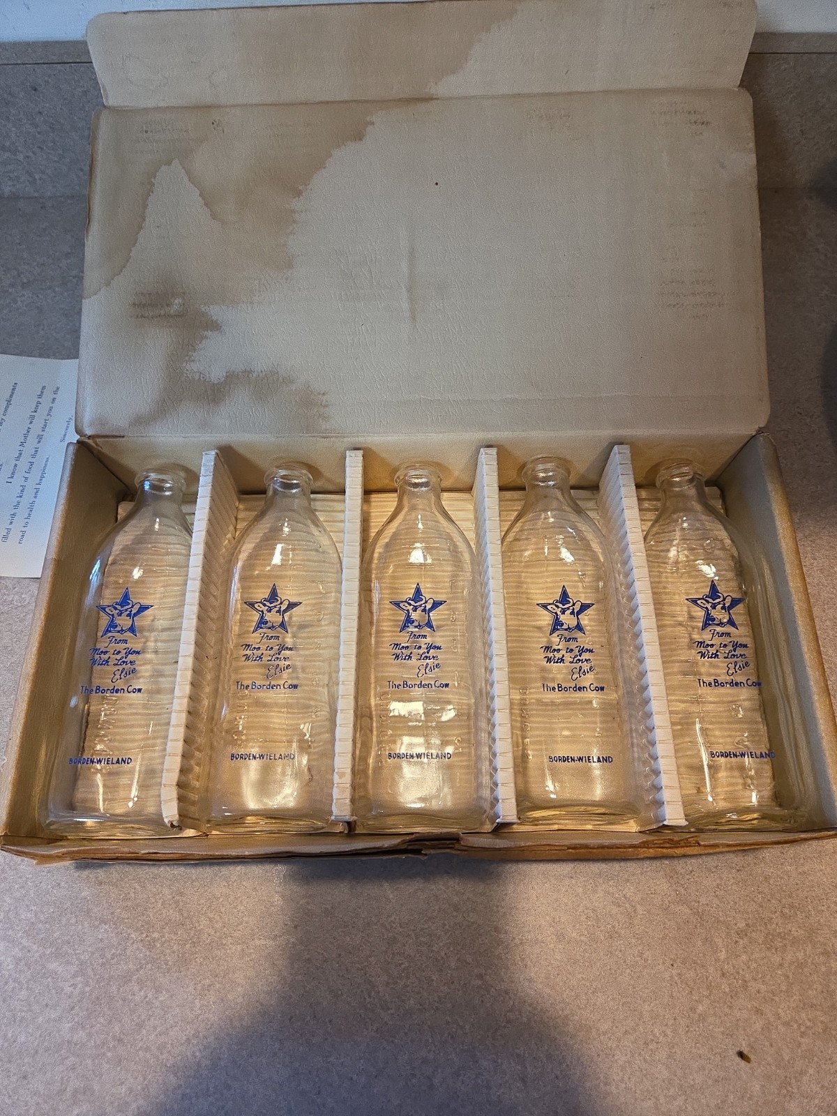Rare Vintage Borden-Wieland 5  Baby Bottle Gift Box W/ Elsie The Cow Note - Blue