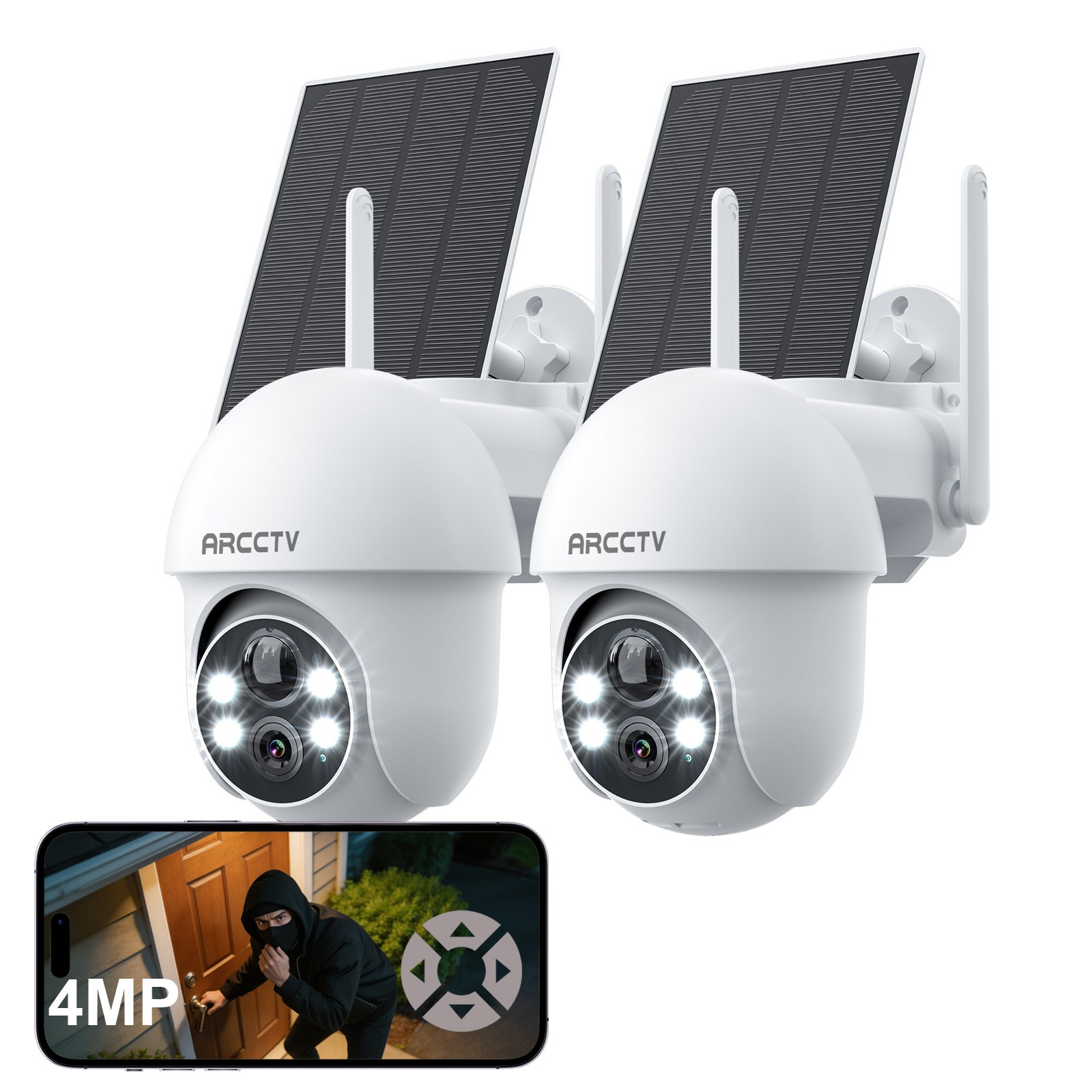 ARCCTV 2-Pack 4MP PTZ WiFi6 Solar Security Cameras Color Night Outdoor Wireless