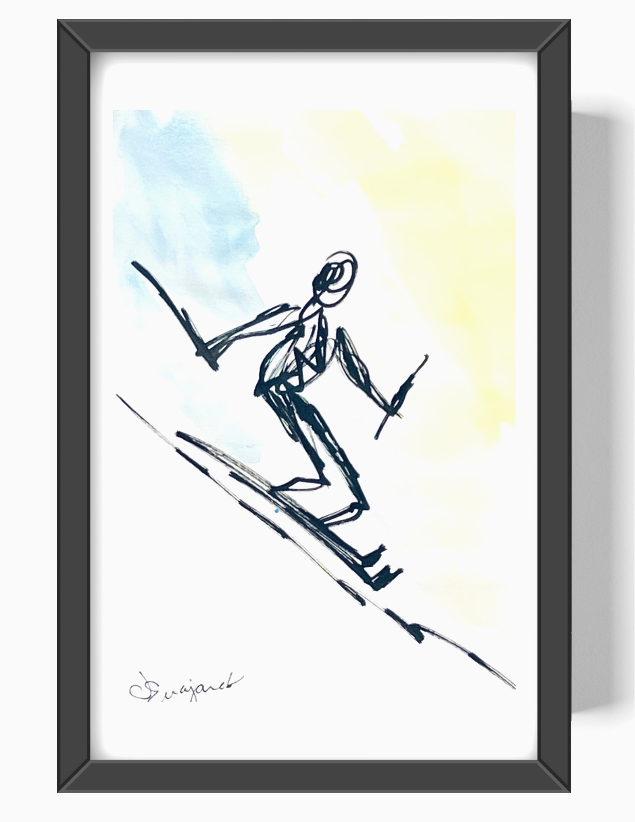 Guajardo Original Art: Snow Sking Pro 9X6 Paper Signed Art Expressionism