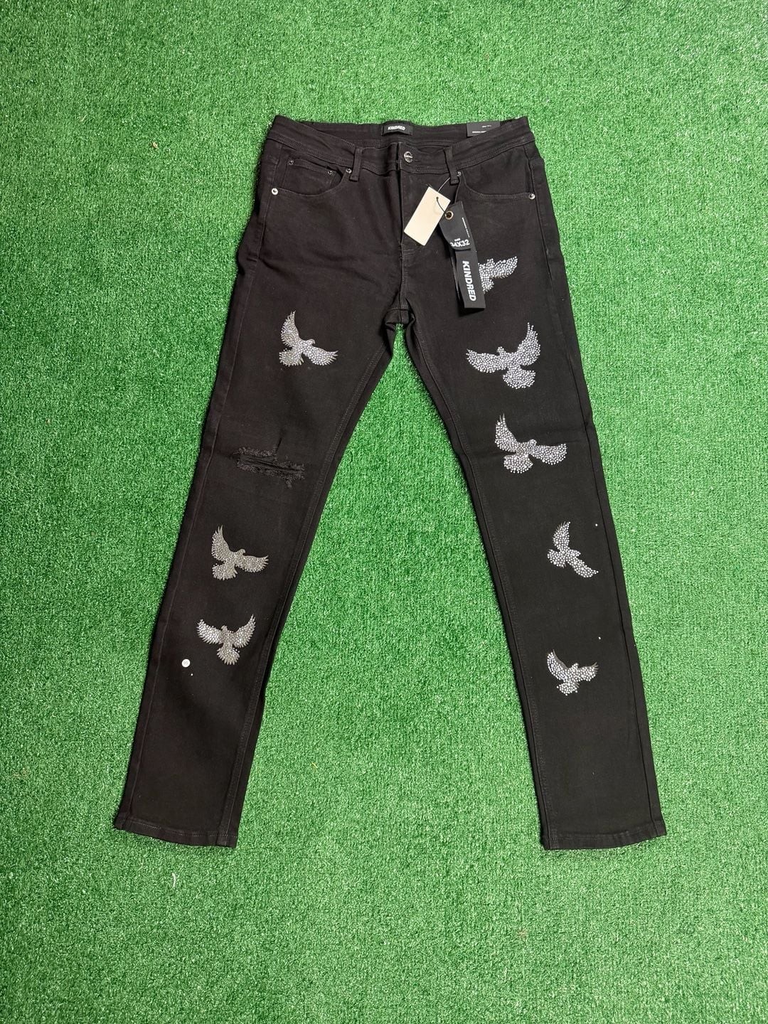 Kindred Black Rhinestone Dove Print Slim Fit Distressed Jeans