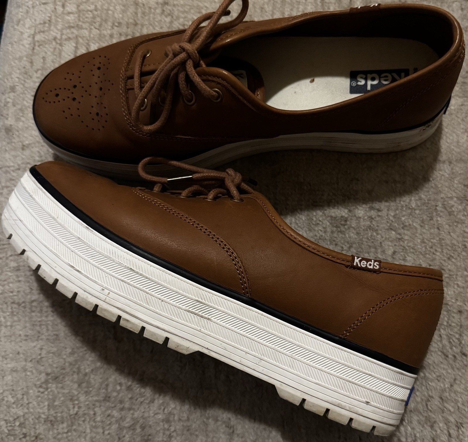 EUC Keds Women\'s Broguing Platform Lug Leather Casual Shoe Size 7.5 Cognac Brown