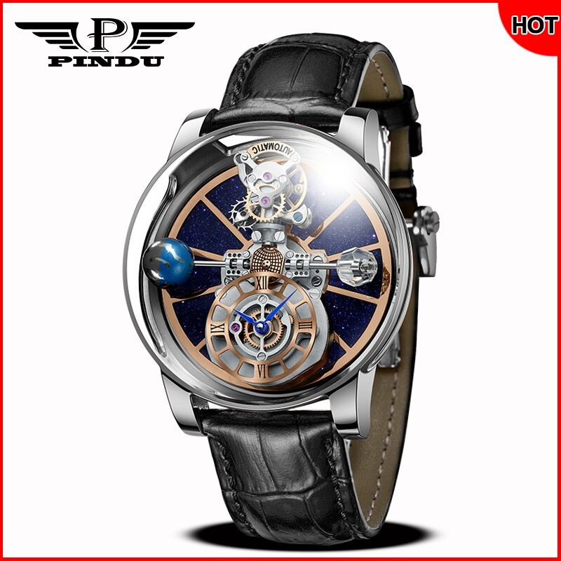 PINDU Men\'s Starry Sky Watch 3D Solar System Quartz Sapphire Crystal Leather