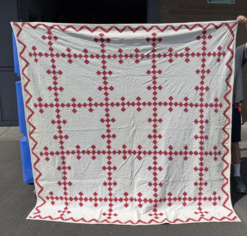 Antique Hand Quilted 1900’s Double Nine Patch Turkey Red Appliqué Quilt 82”x82”