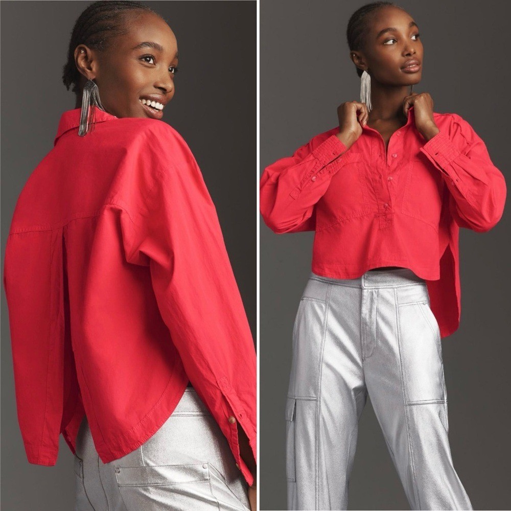 PILCRO by Anthropologie Back Slit Button‎ Down Red Oversized Top Women’s Size SP