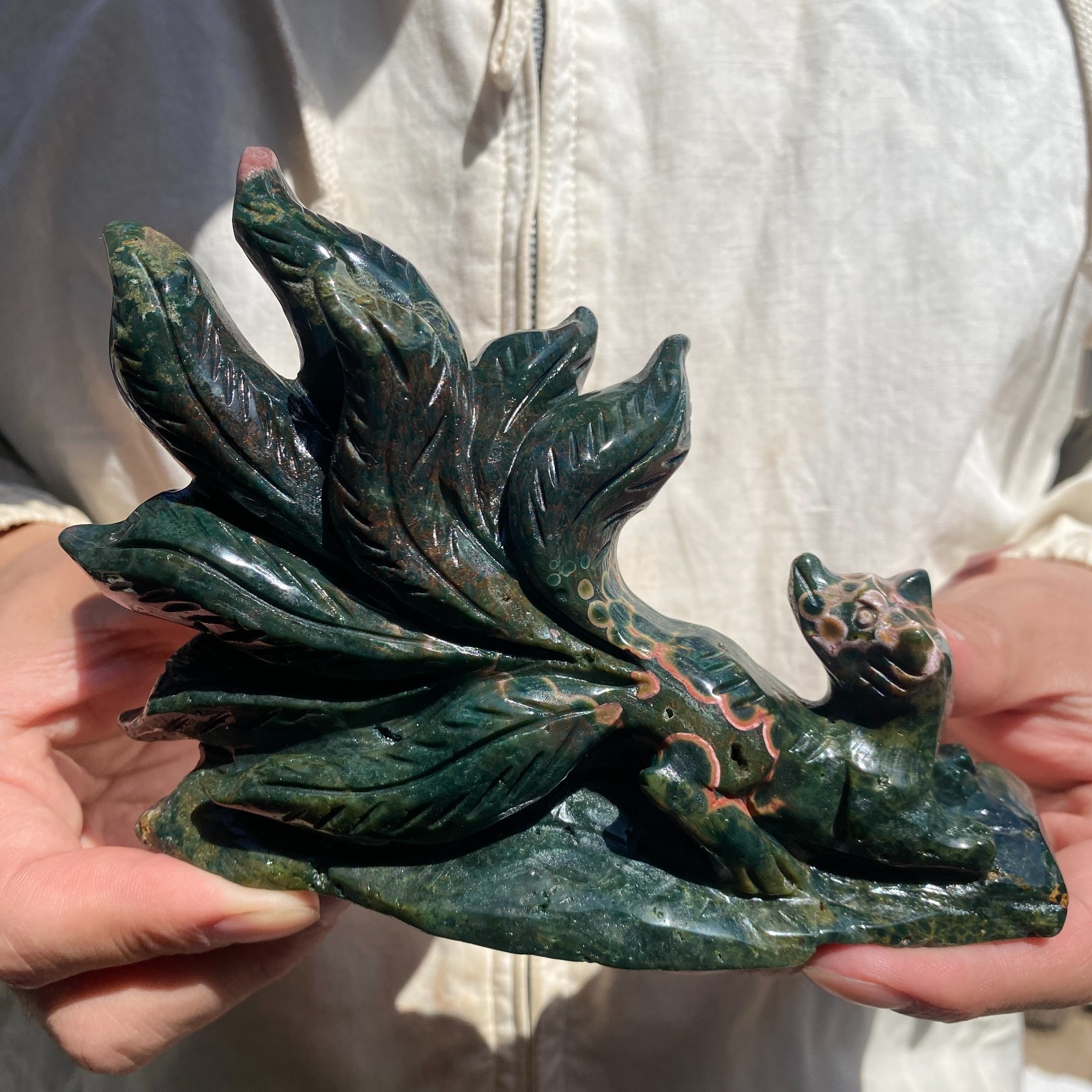 1.2lb natural ocean jasper, hand-carved mineral specimen of the nine-tailed fox