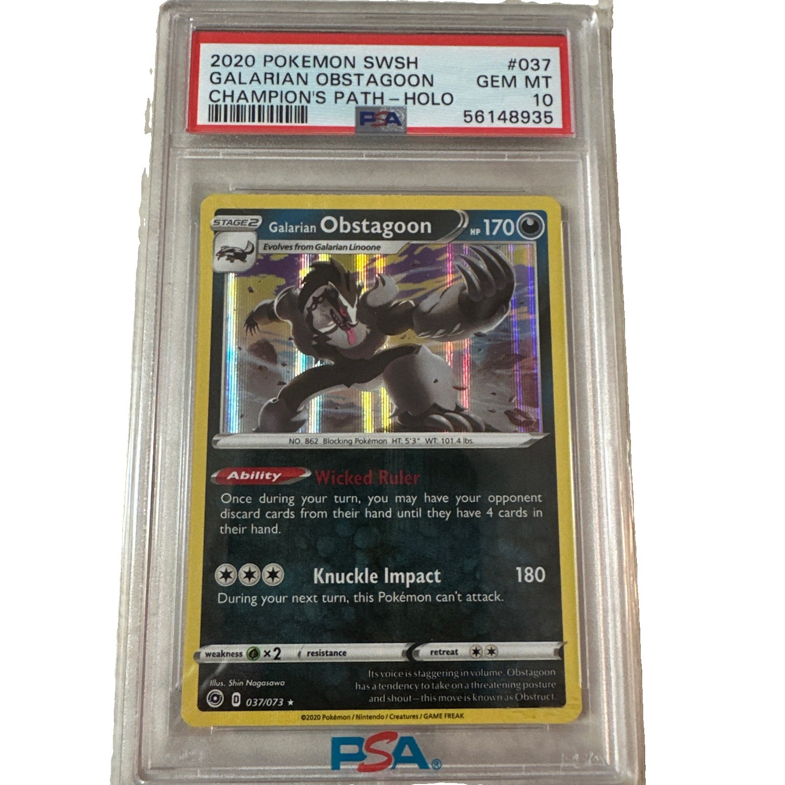 2020 POKEMON SWORD & SHIELD CHAMPION\'S PATH #037 GALARIAN OBSTAGOON-HOLO PSA 10